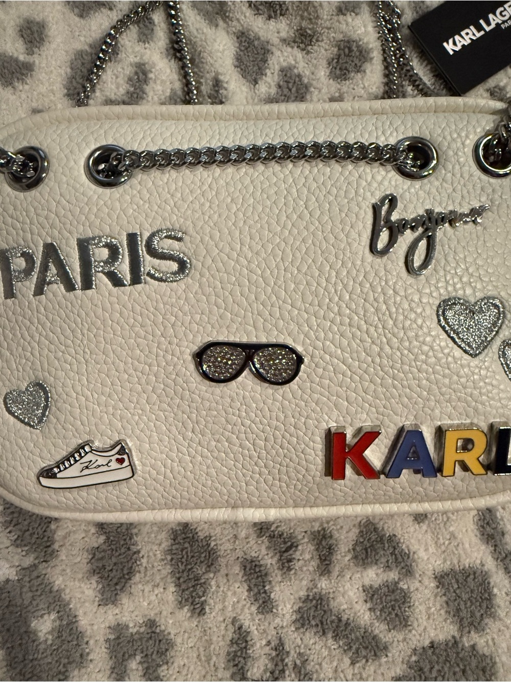 Karl Lagerfeld Faux Pebbled White Leather Embellished Shoulder Crossbody Bag NWT - Picture 2 of 11